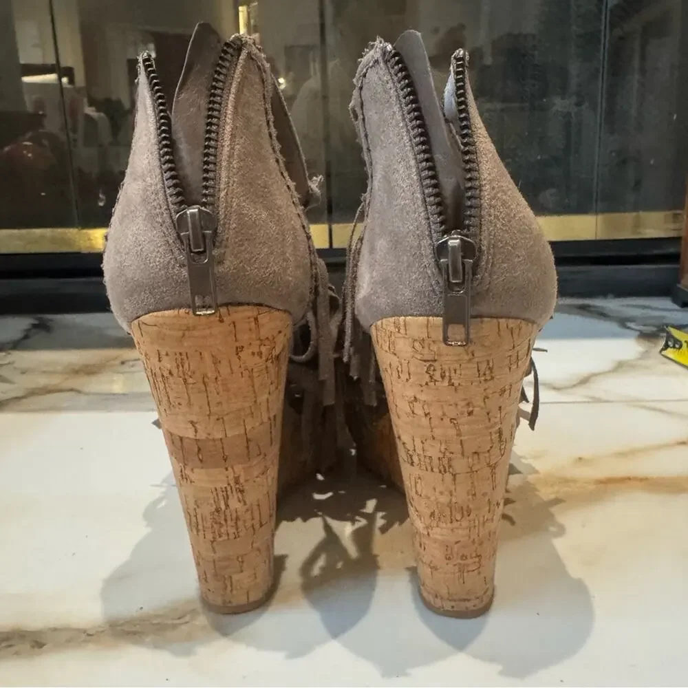 Not Rated Women's Faux Suede Fringe Cork Wedges‎ Taupe Size 9.5